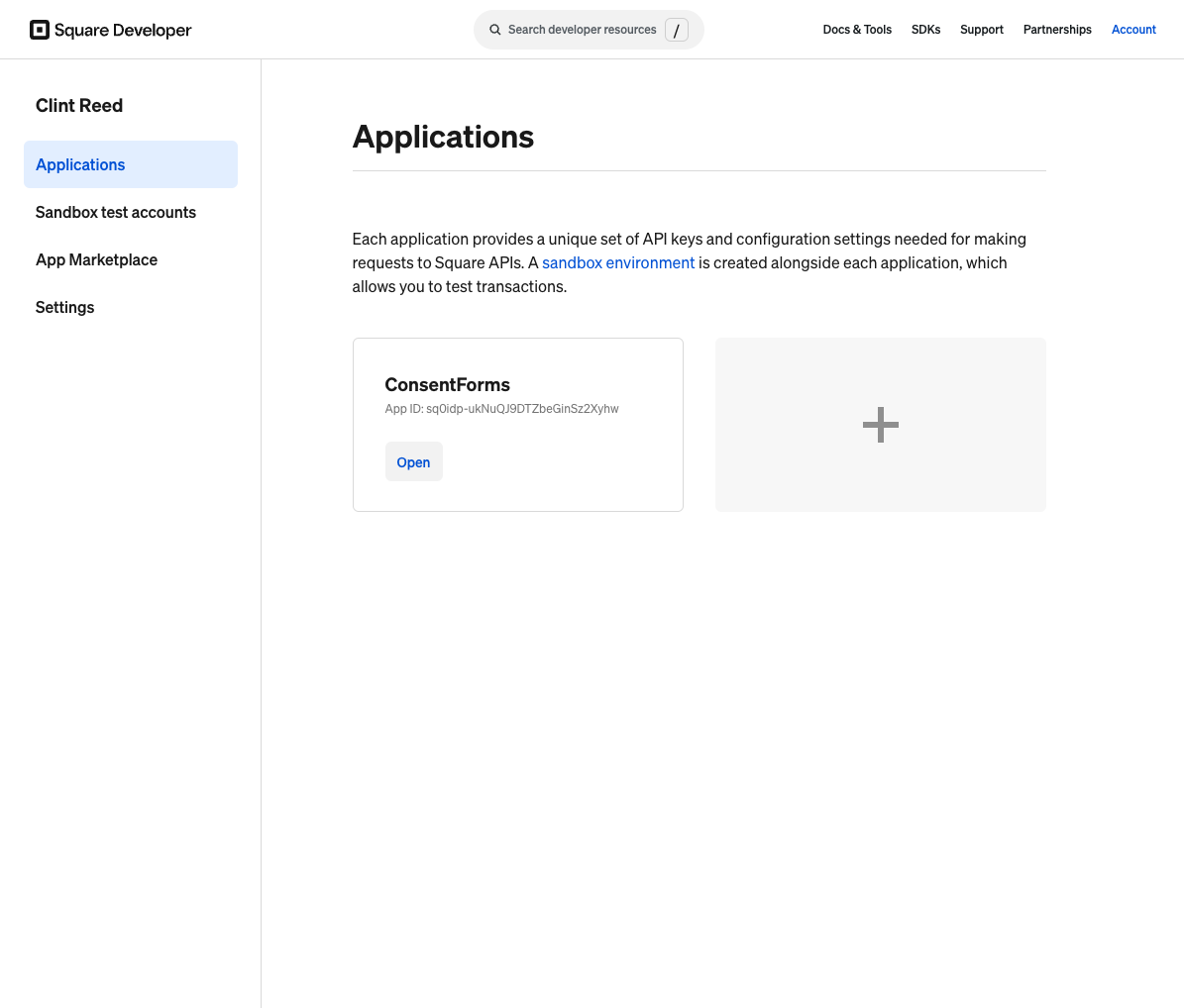 Square Developer Console Applications list with a ConsentForms app and a plus tile