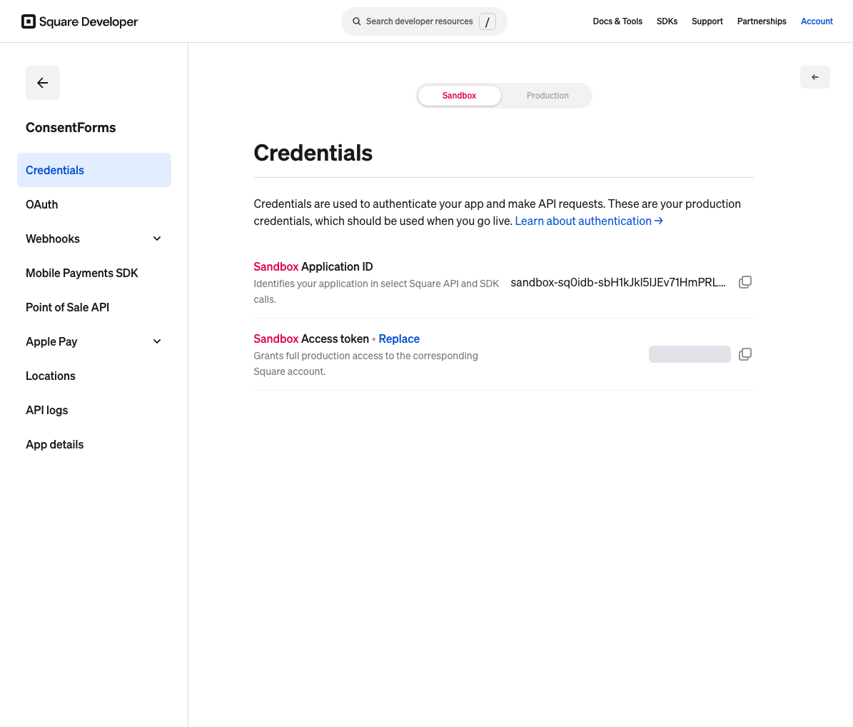 Square Credentials page with Sandbox selected and the access token hidden