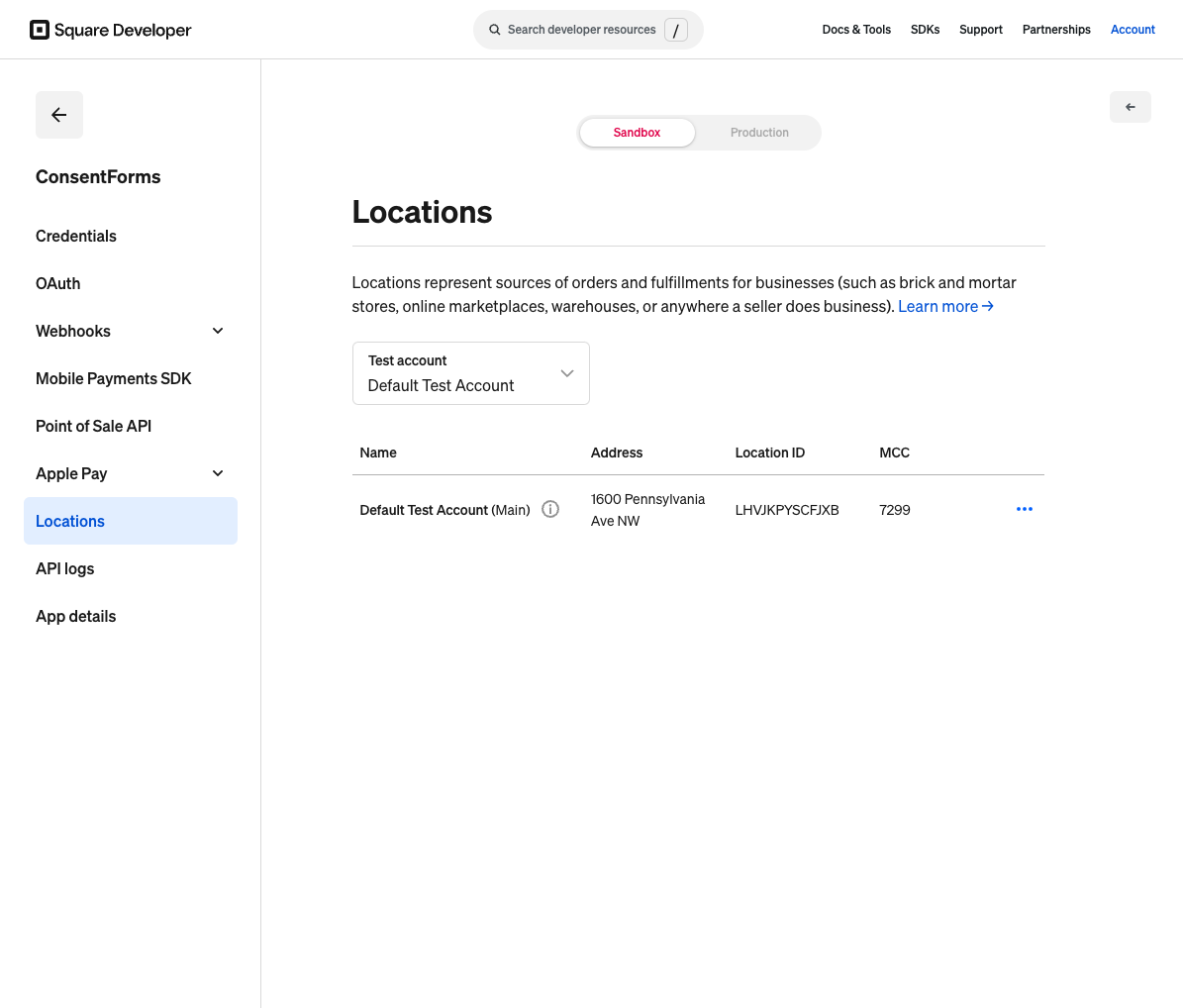 Square Locations page showing Default Test Account and a Location ID