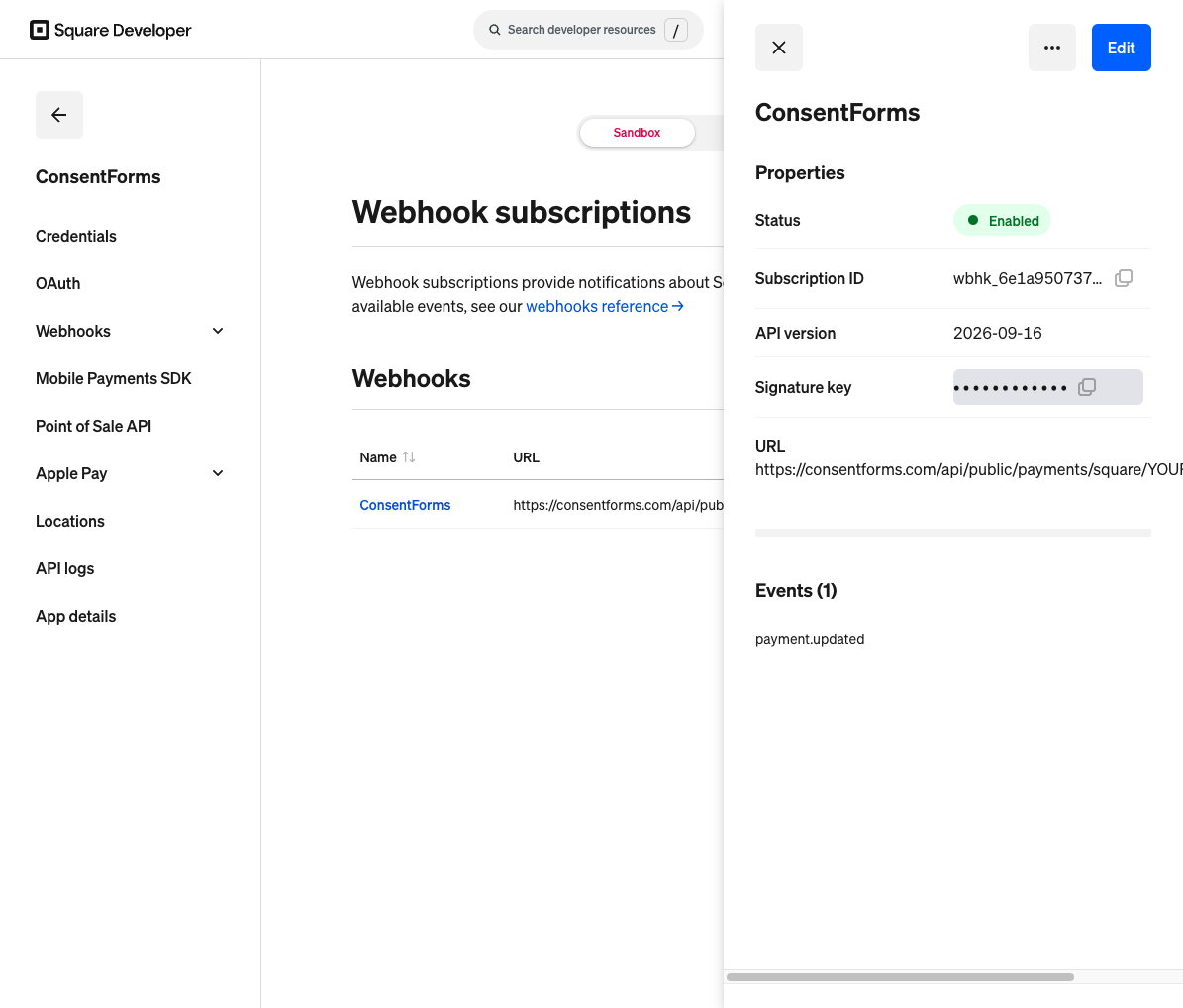Square webhook subscription details with hidden signature key