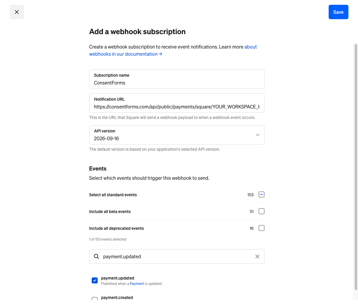 Add a webhook subscription with Notification URL and payment.updated selected