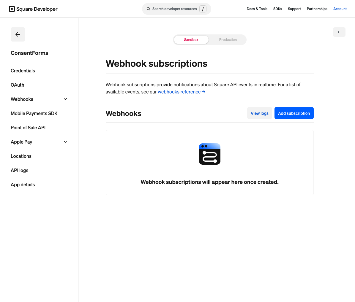 Square Webhook subscriptions page with Add subscription