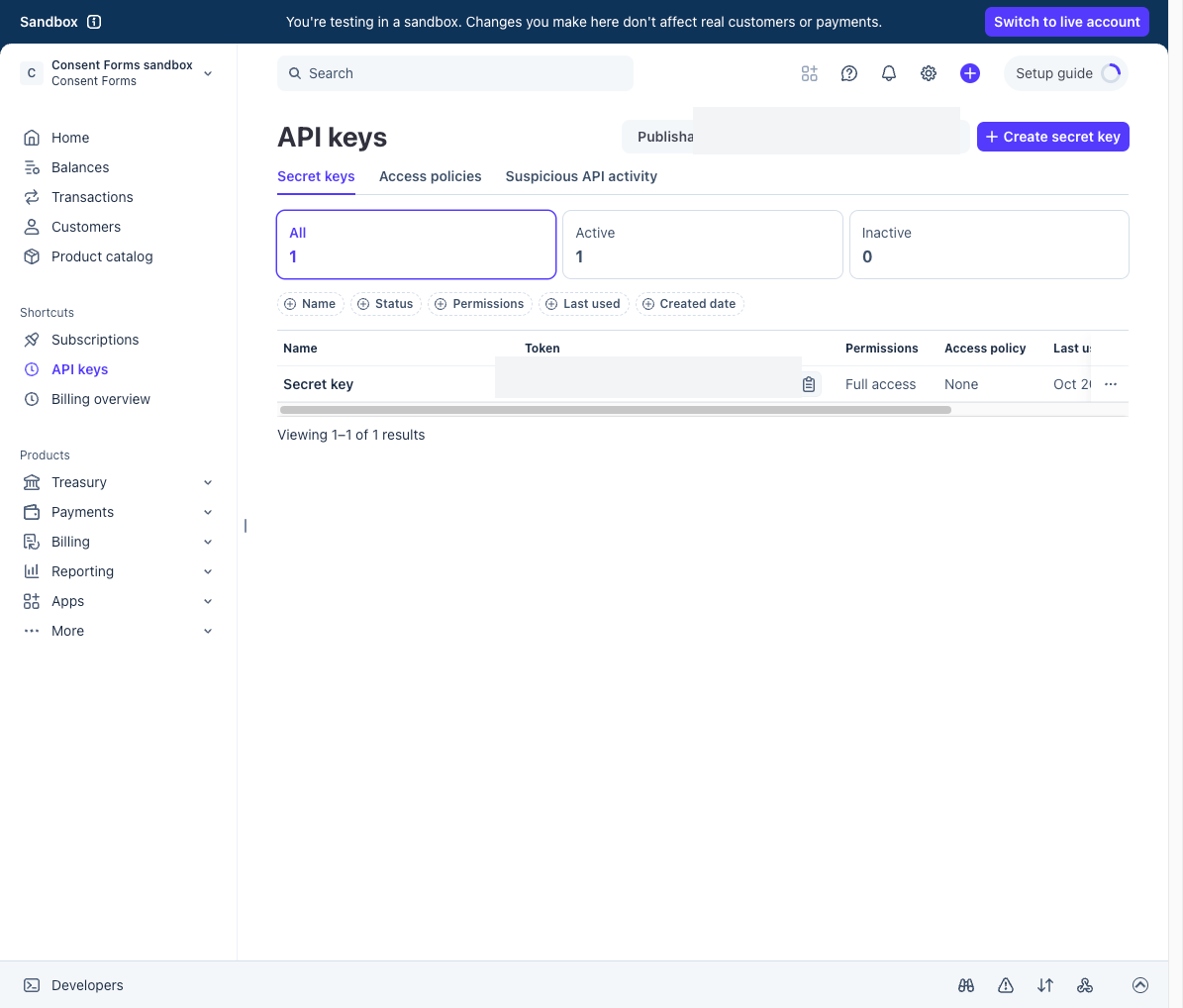 Stripe API keys page with Secret keys tab