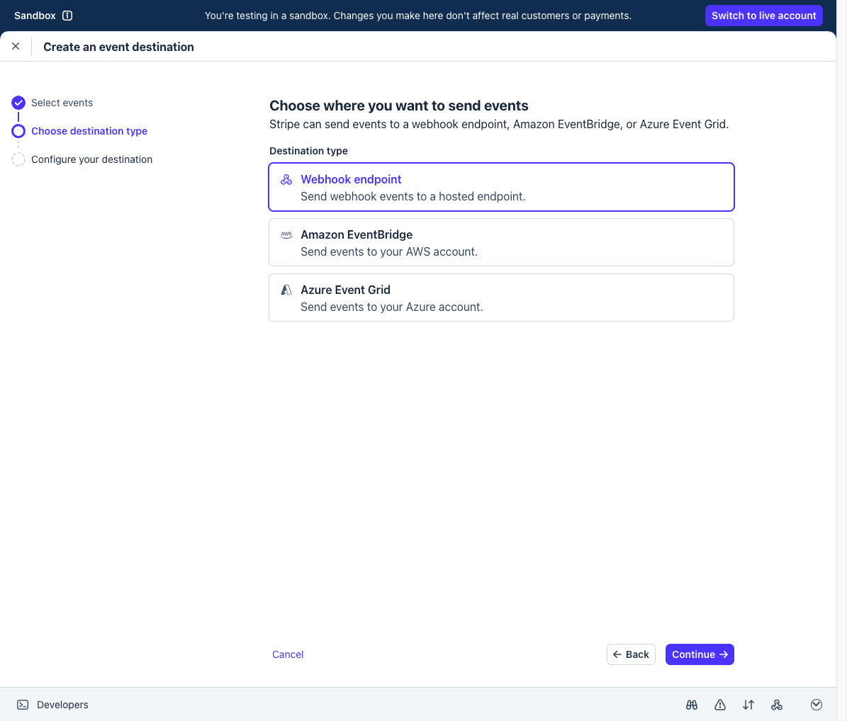 Choose destination type with Webhook endpoint selected