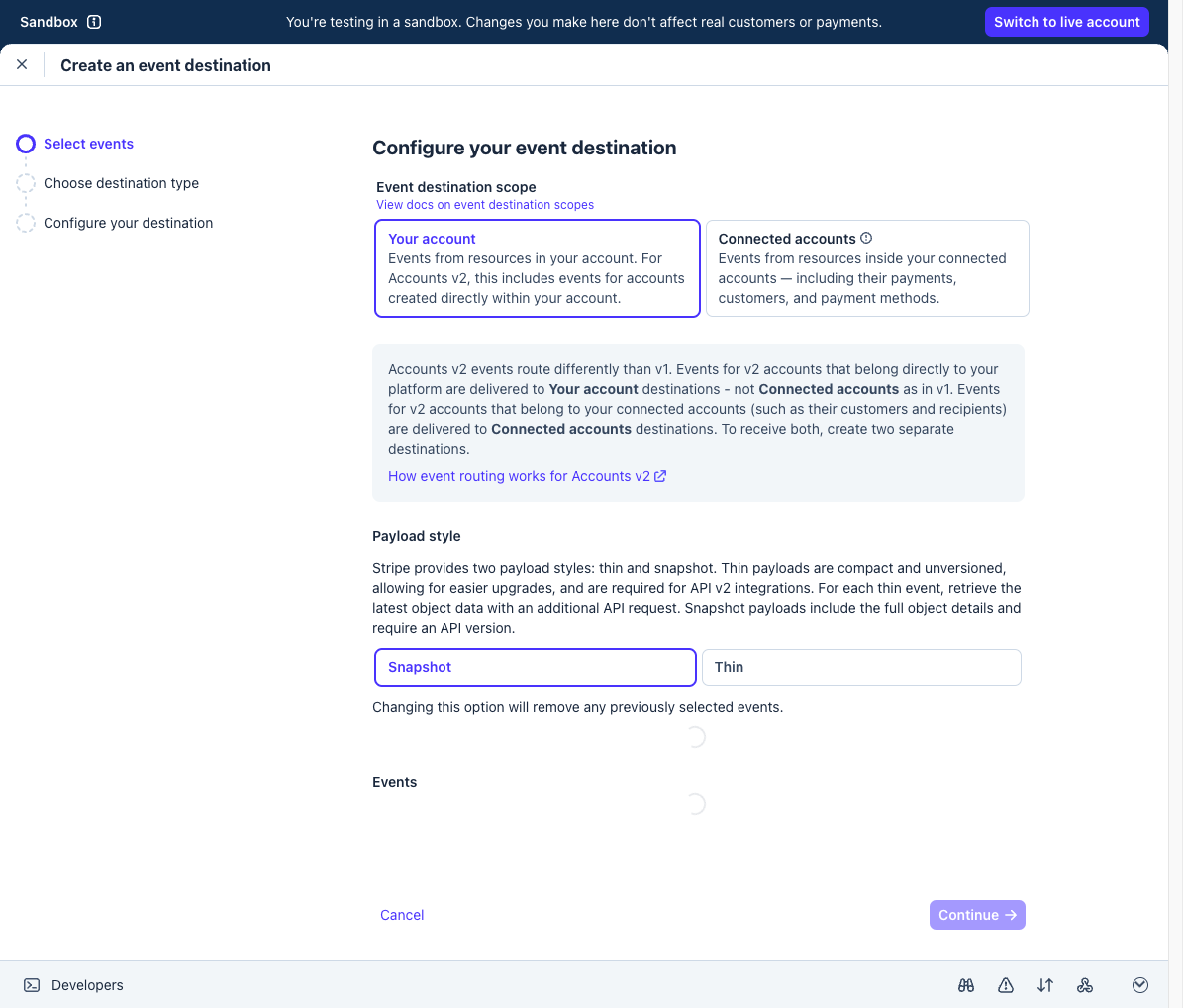 Create an event destination with Your account and Snapshot selected