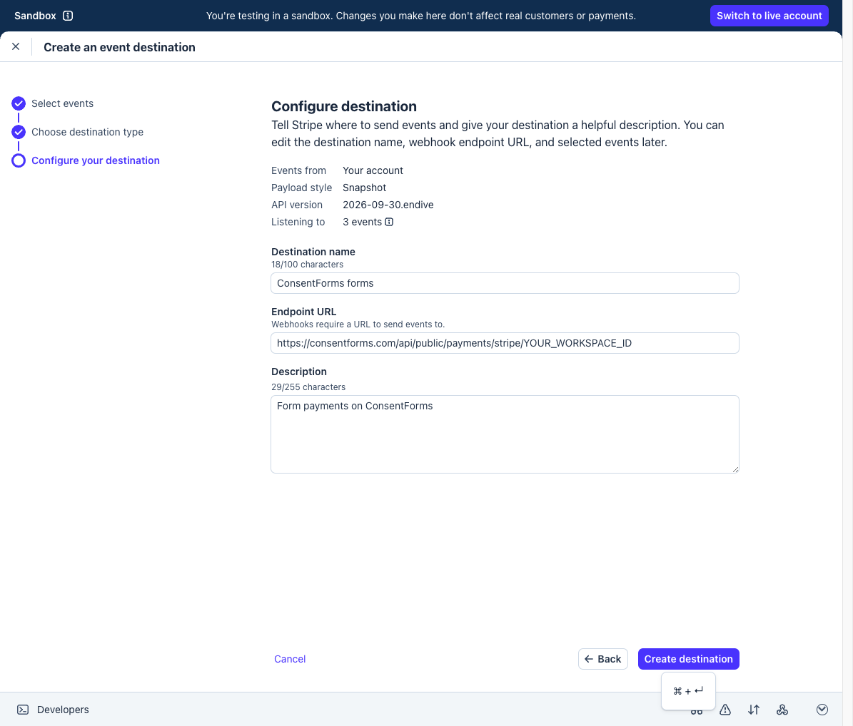 Configure destination with Endpoint URL field