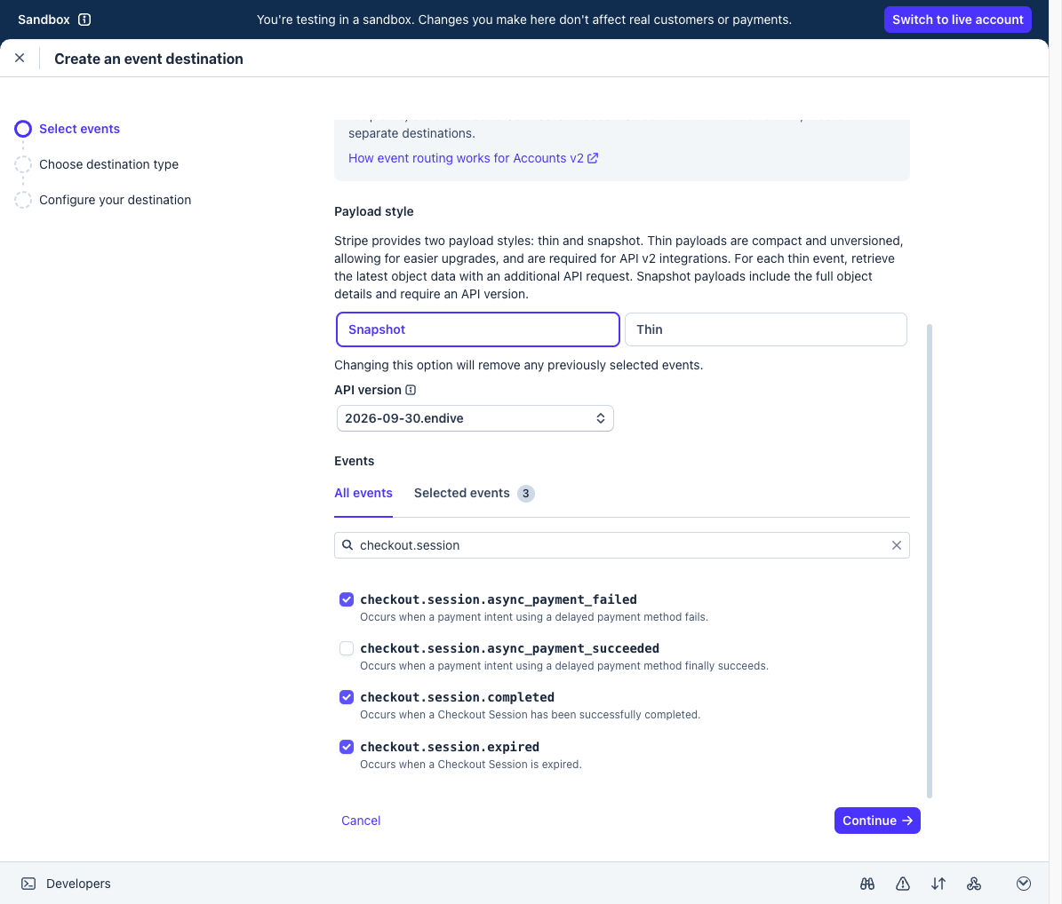 Stripe event picker with checkout.session completed, expired, and async_payment_failed selected