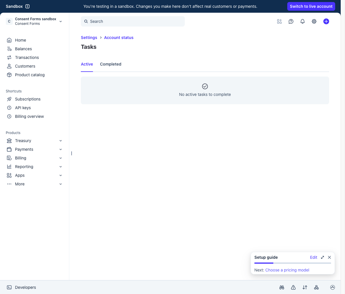 Stripe dashboard in a sandbox, with API keys in the left shortcuts