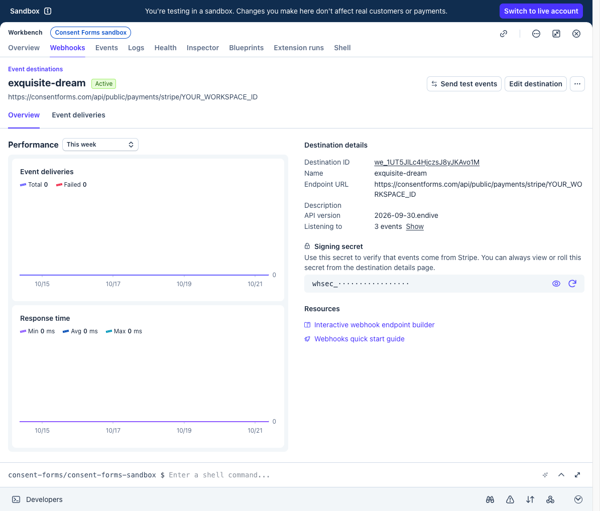 Stripe destination details with hidden webhook signing secret