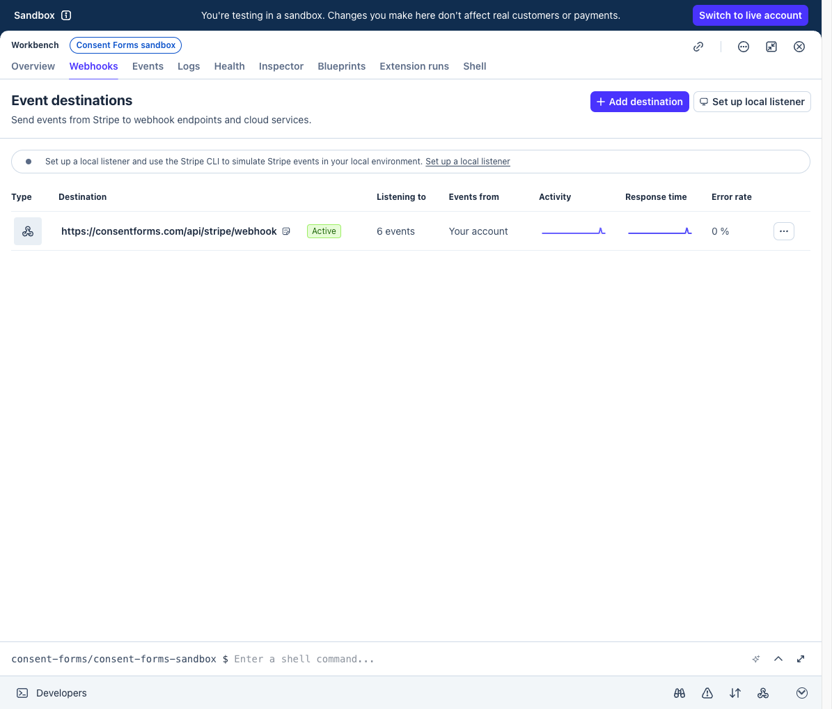 Stripe Workbench Webhooks tab with Add destination